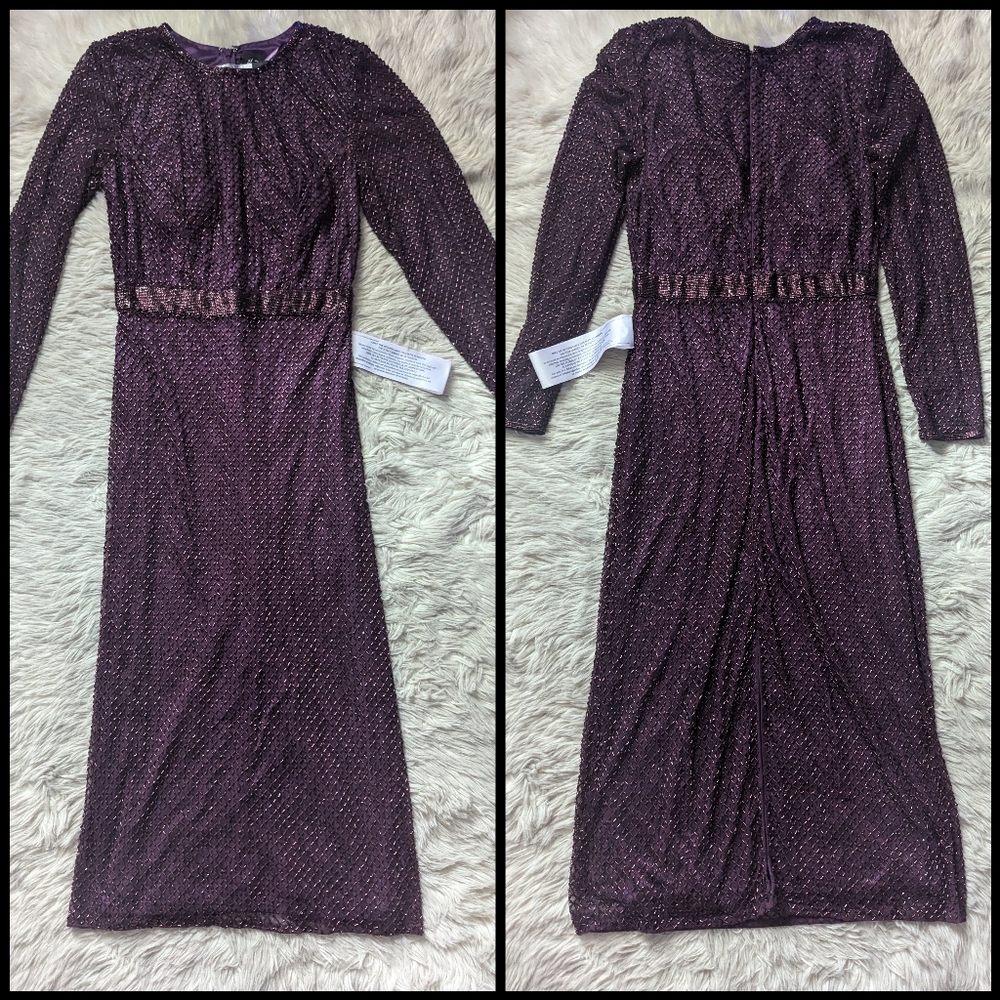 NWT Mac Duggal Long Sleeve Lattice Beaded Cocktail Dress in Aubergine 5530 - Picture 4 of 16